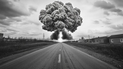 A dramatic black and white image of a large explosion on a deserted road conveys danger and apocalyptic themes