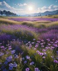 Naklejka premium Purple and blue flower fields in a meadow with tall grass, grass, flower, meadow, green, garden