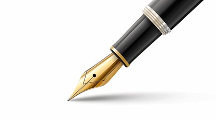 A photorealistic isolated fountain pen with a gold nib and glossy black body on a white background