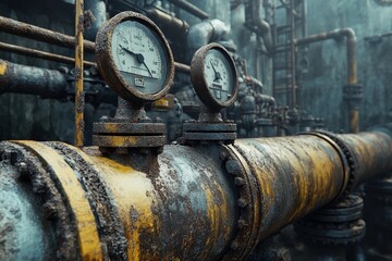 A large, heavily corroded steel pipeline stretches through an industrial chemical plant