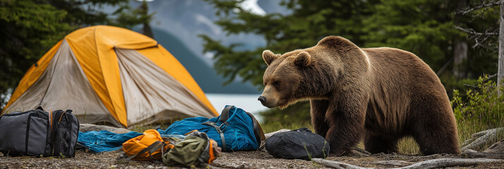 Curious grizzly bear exploring scattered camping gear in wilderness, adventure