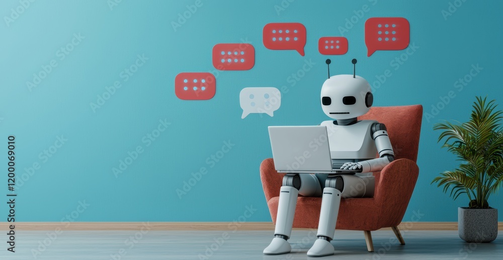 Poster ai chatbots sitting on an armchair and using a laptop computer while chatting conversation with huma