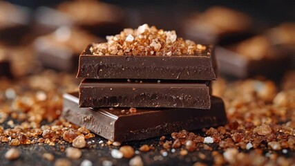 Close-up of dark chocolate pieces with brown sugar crystals on a dark background, showcasing a rich and indulgent treat.