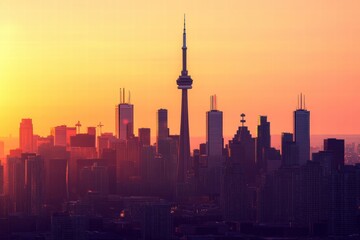 Obraz premium Urban skyline with iconic towers and bridges illuminated by a vibrant sunset over the city. Generative AI