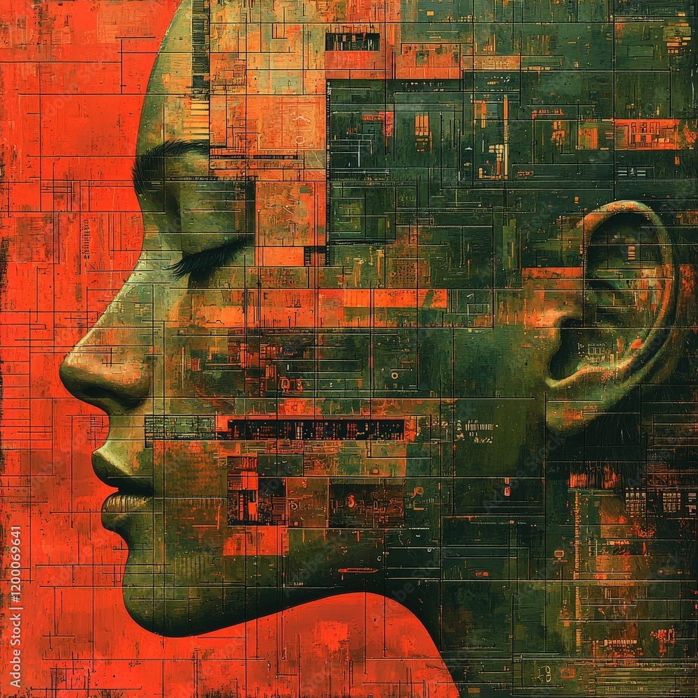 Poster abstract portrait of a woman merged with digital circuits. the artwork explores the intersection of 