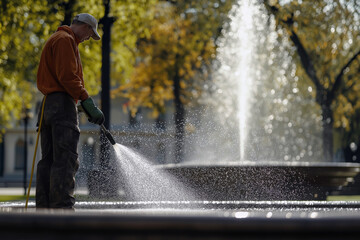 Worker cleaning a fountain area in a city park, sparkling water in the background.