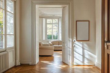 Natural Light Pours Into a Bright Living Area Showcasing a Cozy Seating Arrangement and a Wooden Frame Poster Mockup