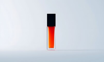 Orange liquid in a clear glass bottle with a black cap on a white background.