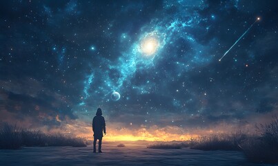 Fototapeta premium Lonely Silhouette on a Barren Landscape Gazing at a Starry Sky Filled with Comets