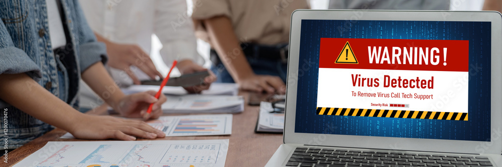 Poster Virus warning alert on computer screen detected brisk cyber threat , hacker, computer virus and malware