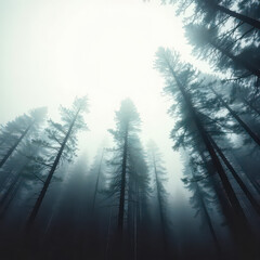 Low angle view of trees in forest. AI Generated.