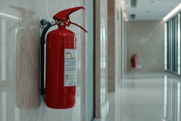 Obraz premium Bright red fire extinguisher mounted on a clean white wall in a professional setting