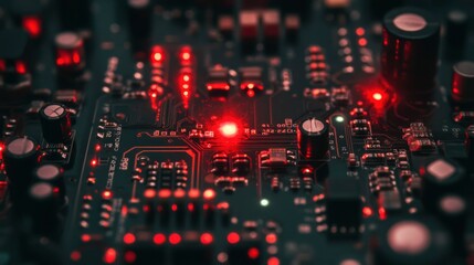 Illuminated Circuit Board Components Glowing Red