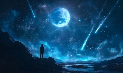 Lonely Silhouette on a Barren Landscape Gazing at a Starry Sky Filled with Comets