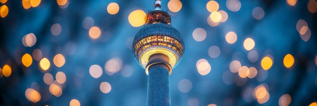Berlin TV Tower at Twilight with Festive Bokeh Lights An Iconic Landmark Shining Bright.