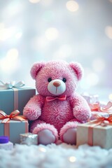 pink teddy bear with presents on white, bathed in a cool-toned soft haze. Blues, greens background