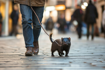 A man casually walking a sleek black ferret on a thin leather leash through a bustling city square,...