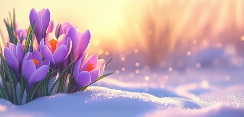 Vibrant crocuses emerging through soft snow in a gentle morning light