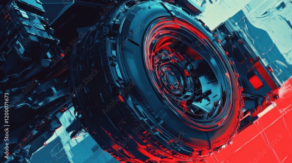 Poster close-up of a futuristic tire design showcasing intricate textures and vibrant colors in a digital e