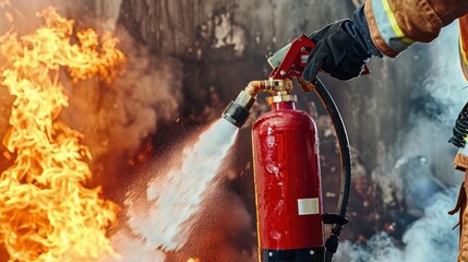 Obraz premium Firefighter uses extinguisher to combat fierce flames in emergency response