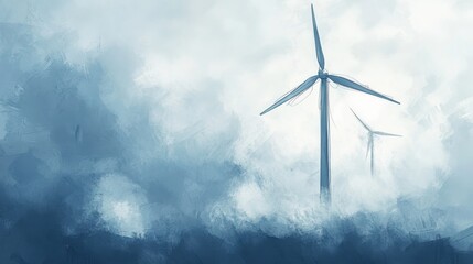 Wind turbines stand tall in a misty landscape, showcasing renewable energy amidst nature's beauty