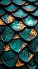 Fototapeta premium Dragon scale texture with shimmering greens and golds, fantastical and intricate