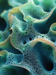 Intricate organic structure with a porous, bubbly texture. Teal and orange hues blend seamlessly. Ideal for abstract backgrounds or showcasing natural forms.