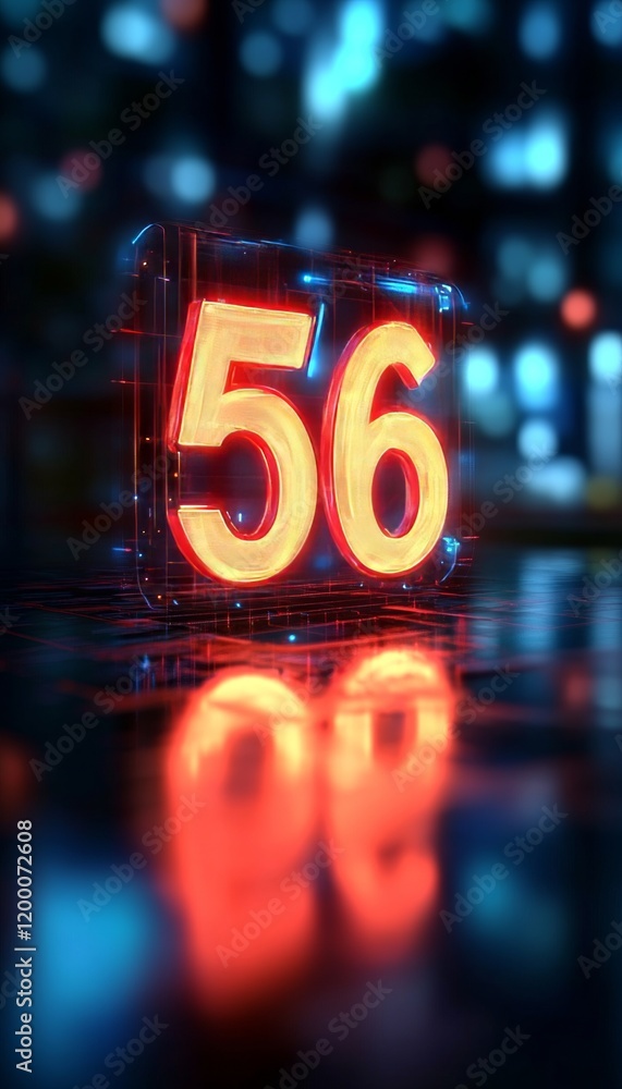 Poster glowing digital 3d number 56 in futuristic style with digital abstract background and reflections