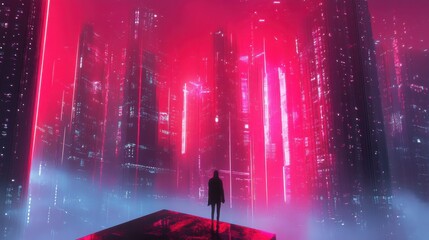 Silhouette in a vibrant futuristic city.