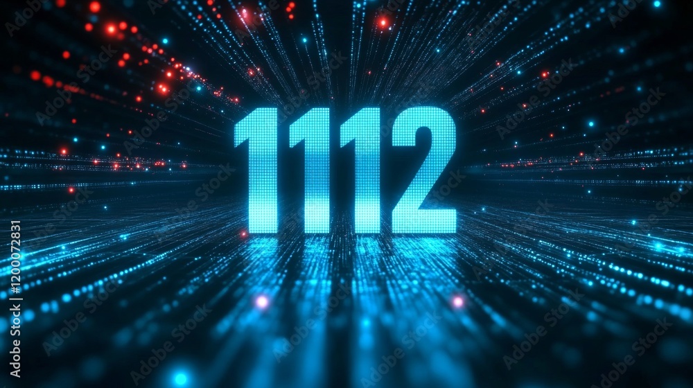 Poster glowing digital 3d number 1112 on futuristic tech background with streams of binary code data