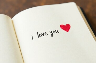 A handwritten inscription, the text "I love you" on a white sheet of paper, in a notebook or diary. A painted heart. A declaration of love. Romantic card for Valentine's Day, Mother's Day.
