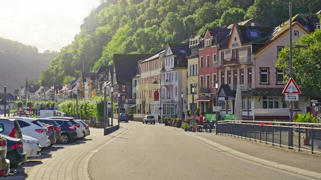 Sankt Goar, Upper Middle Rhine, Germany - September 26 2024: Historic buildings line the street of St. Goar on the banks of the Rhine River, Upper Middle Rhine Valley
