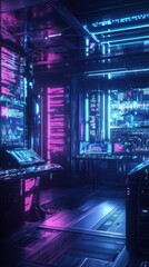The futuristic gaming room is designed to be lit by blue and pink neon lights, and the walls are covered in digital panels background vertical wallpaper AI generated image