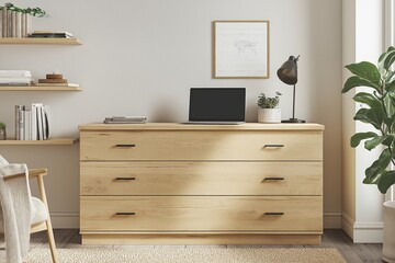 Fototapeta premium Light ash wood dresser with clean minimalist design in a modern open-concept studio apartment, next to a small home office setup with a laptop, desk lamp, and bookshelf.