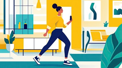 Person exercising at home in a minimalist living room while requesting a workout playlist from a smart assistant