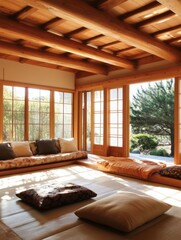Serene sunlit room with wooden beams and tatami mats