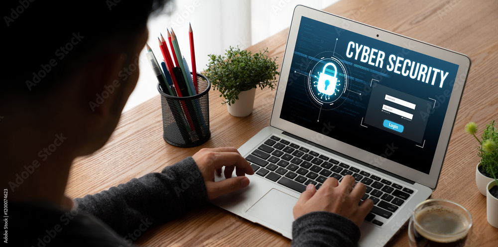 Poster cyber security system on computer screen protect private information snugly from hacker and cyber at