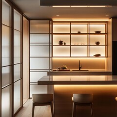 Fototapeta premium Modern minimalist kitchen island with wooden cabinetry and warm lighting