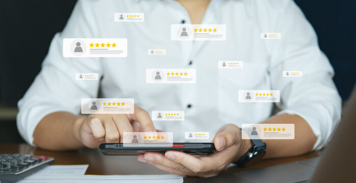 Customer review good rating concept, hand pressing user and five star icon on visual screen for positive customer feedback, testimonial and testimony, user comment and feedback for review.