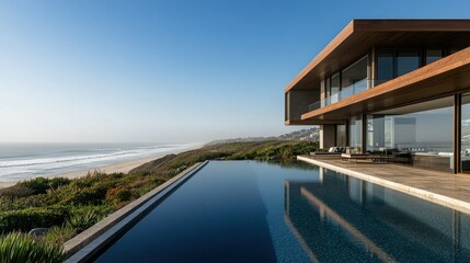 Fototapeta premium Modern house located near the beach with swimming pool reflecting the sky, background wallpaper AI generated image