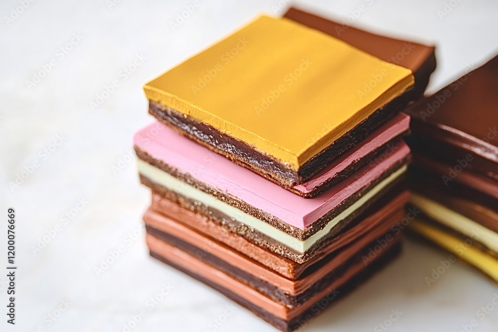 Poster close-up of a stack of colorful, handcrafted chocolate bars with various flavors, resting on a marbl