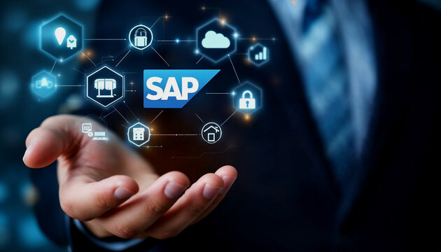 Businessman Holding Holographic SAP System Interface - Powered by Adobe