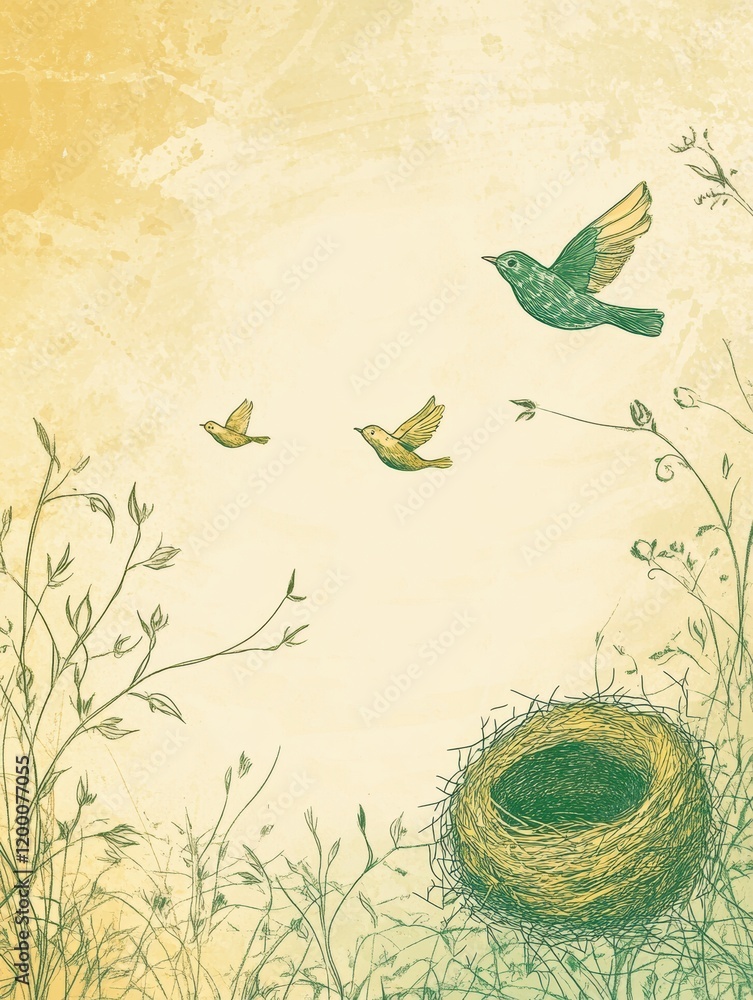 Aufkleber Birds flying near a nest in a tranquil landscape at dawn surrounded by gentle flora. Generative AI