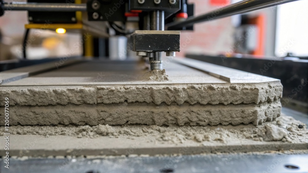 Poster A closeup depicting the interaction between a concrete mixture and a 3D printers platform focusing on the smooth fusion of materials as layers are built upon each other.