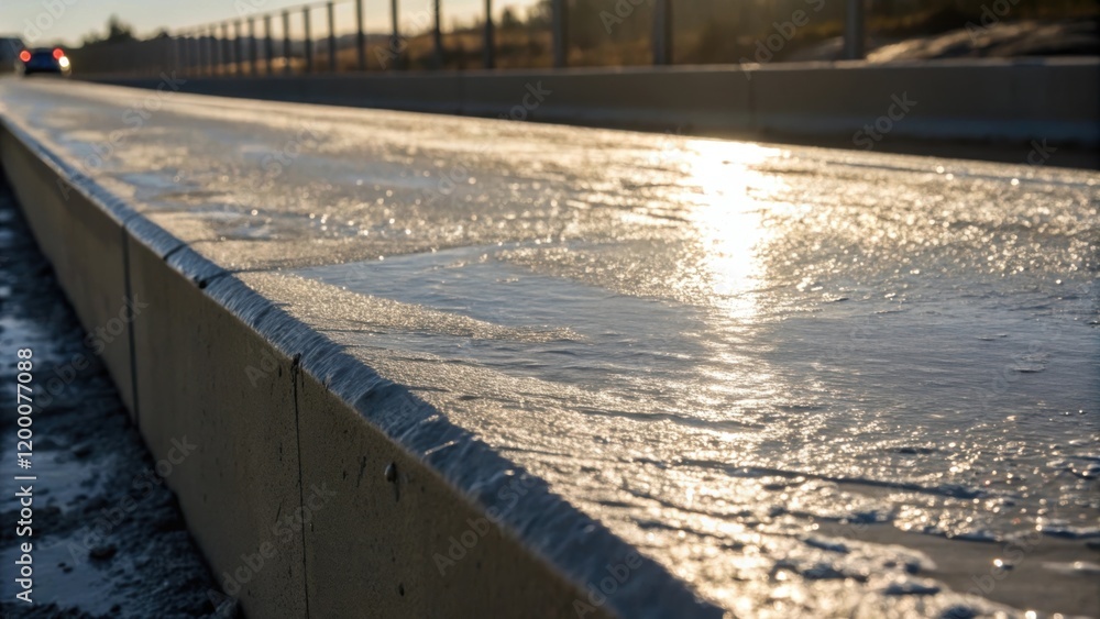 Aufkleber A closeup image of a freshly poured concrete form for a highway barrier capturing the wet texture and the glistening surface as it sets under the sunlight.