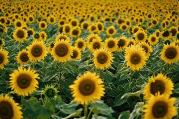 Fototapeta premium Sunflower field under a warm golden sky filled with vibrant blooms reaching for the sun