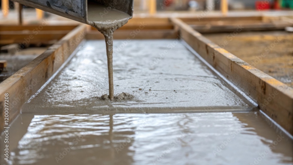 Aufkleber A closeup image of concrete being poured into a mold for a spill containment sump with focus on the viscous wet surface.