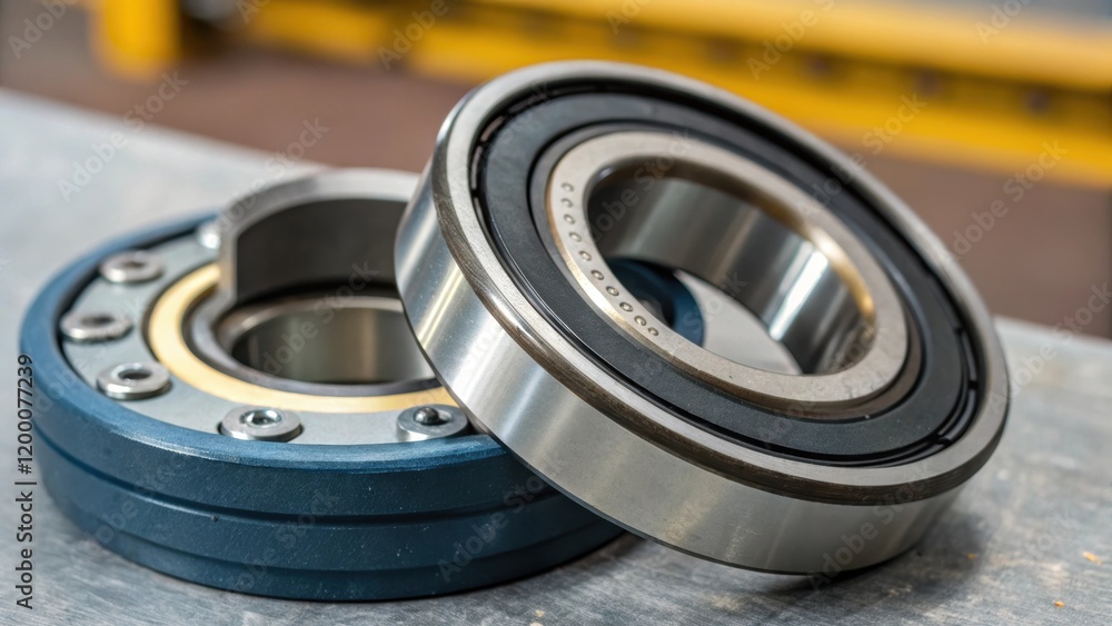 Poster a closeup of a bearings sealing mechanisms showcasing the rubber and metallic components designed to
