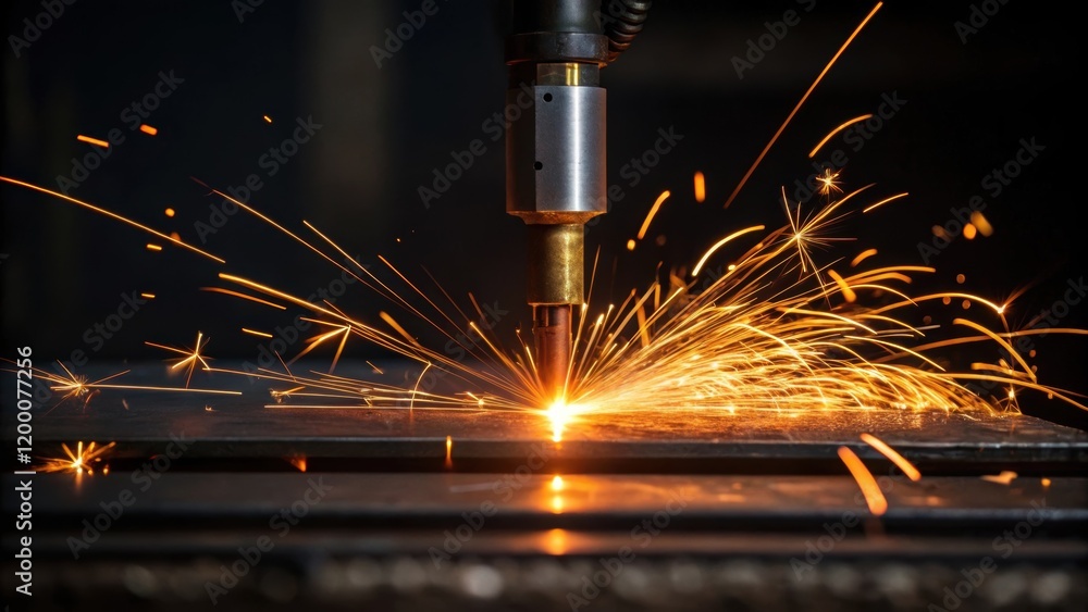 Poster a closeup image of a welding torch igniting with bright sparks flying and molten steel glowing in th