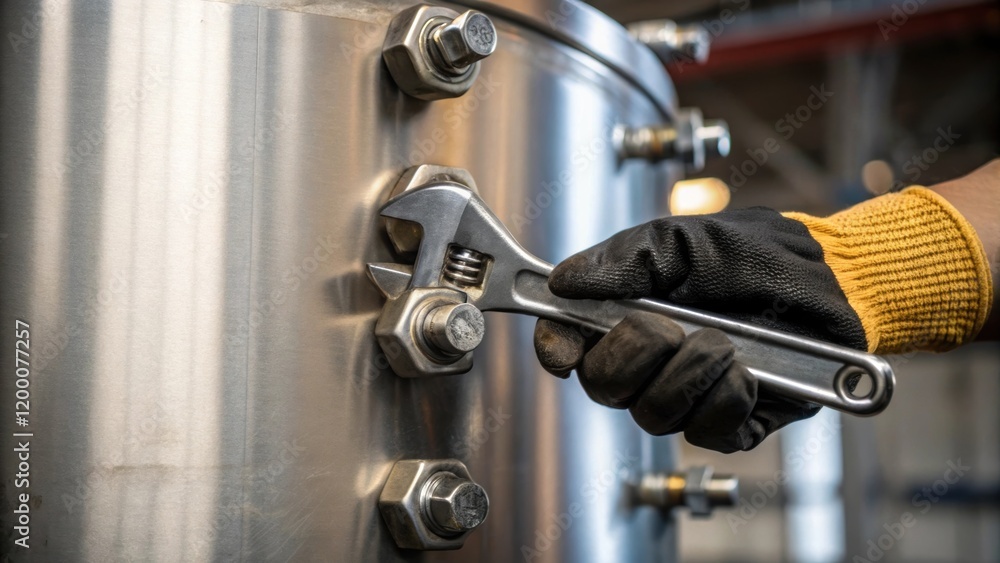 Poster a closeup image of a workers gloved hand tightening a series of bolts on a large mixing vessel showc
